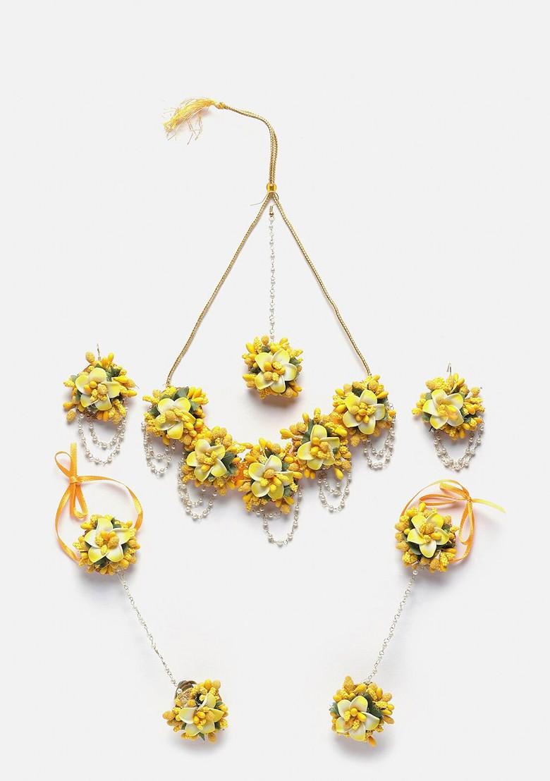 Floral Beaded Haldi And Mehendi Jewellery Set With Maang Tika And Ring Bracelet
