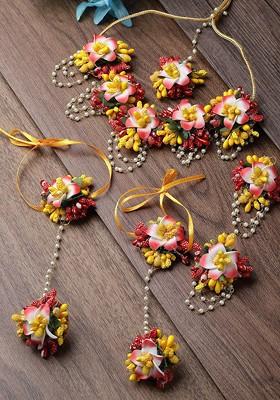 Floral Beaded Haldi And Mehendi Jewellery Set With Maang Tika And Ring Bracelet