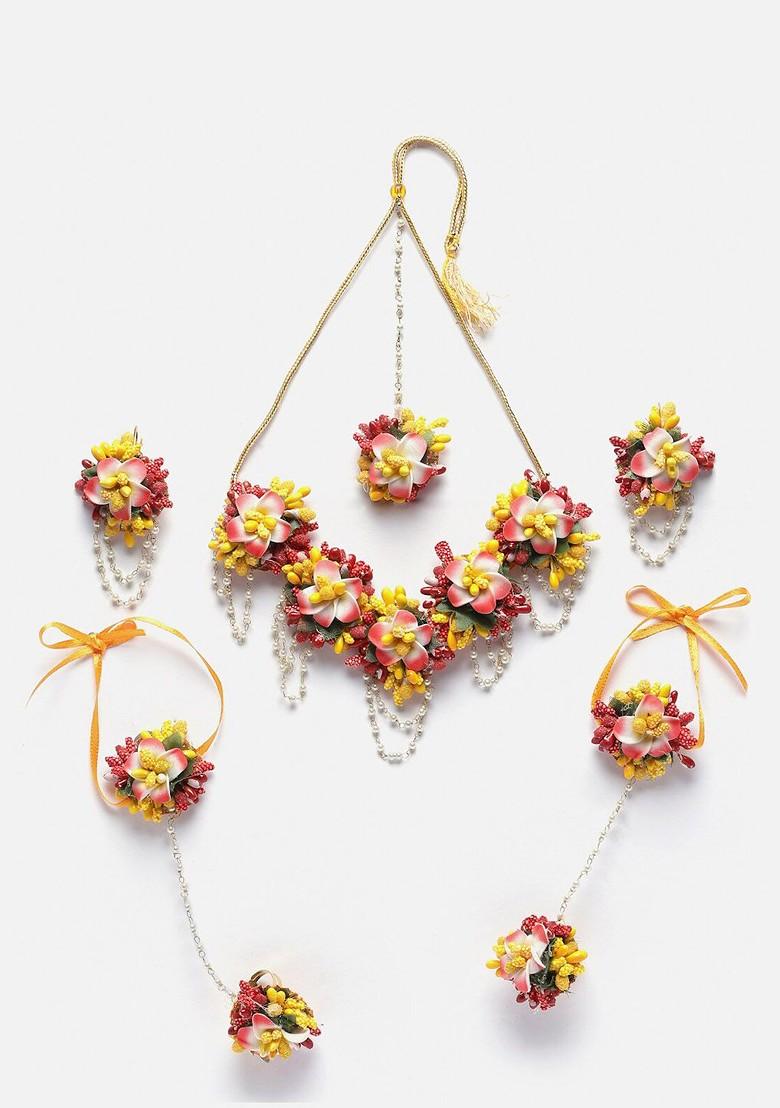 Floral Beaded Haldi And Mehendi Jewellery Set With Maang Tika And Ring Bracelet