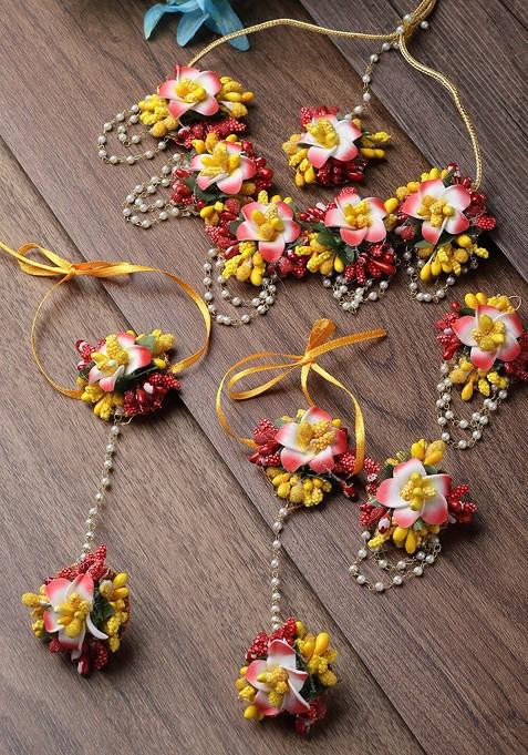 Floral Beaded Haldi And Mehendi Jewellery Set With Maang Tika And Ring Bracelet