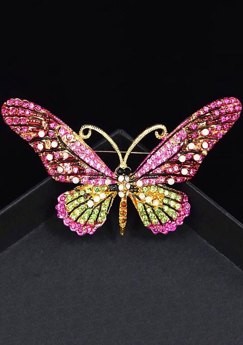 Women Gold Plated Pink Green Crystal Butterfly Shaped Brooch Pin