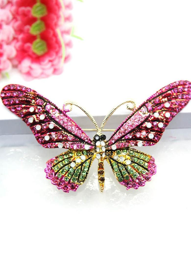 Women Gold Plated Pink Green Crystal Butterfly Shaped Brooch Pin