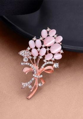 Opal Stone Rose Gold Plated Floral Designed Crystal Studded Brooch
