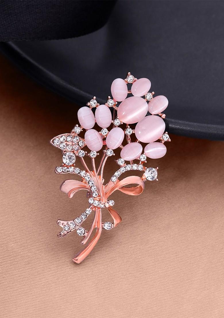 Opal Stone Rose Gold Plated Floral Designed Crystal Studded Brooch