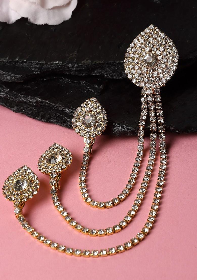 Men Stone Studded Statement American Diamond Brooch Chain Lapel Pin