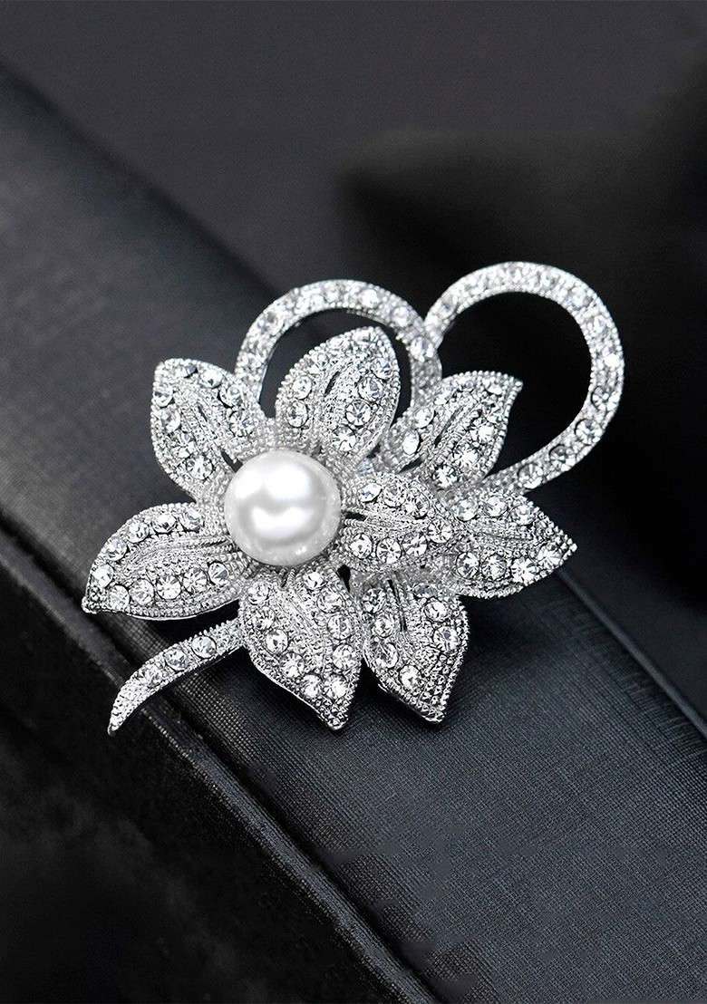 Women Silver Plated Pearl Artificial Crystal Studded Floral Shaped Brooch - Indya