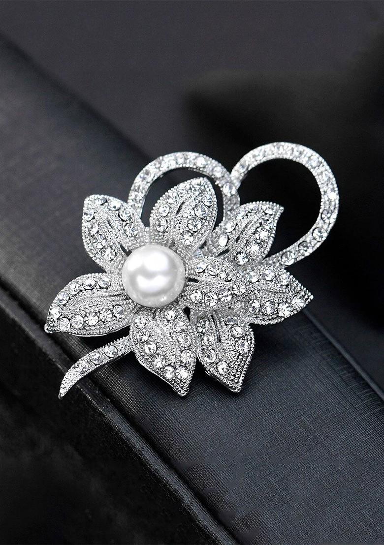 Women Silver Plated Pearl Artificial Crystal Studded Floral Shaped Brooch