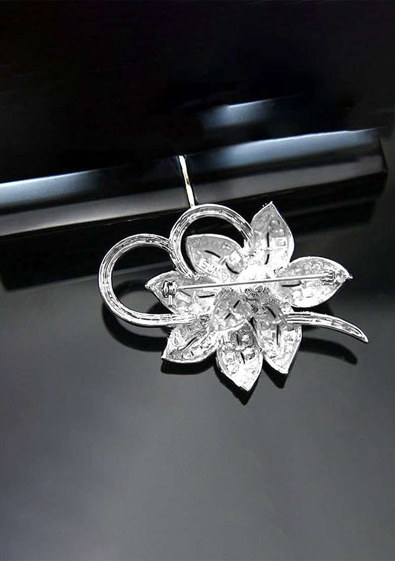 Women Silver Plated Pearl Artificial Crystal Studded Floral Shaped Brooch - Indya