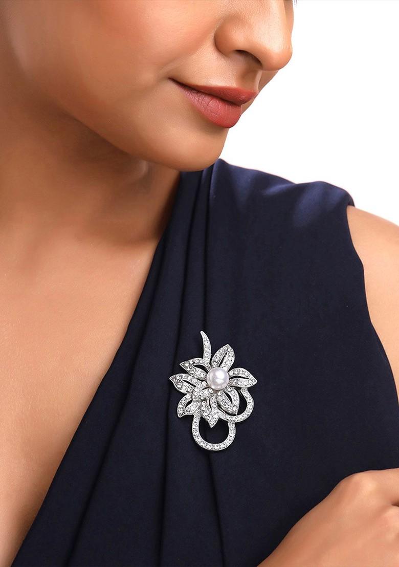 Women Silver Plated Pearl Artificial Crystal Studded Floral Shaped Brooch