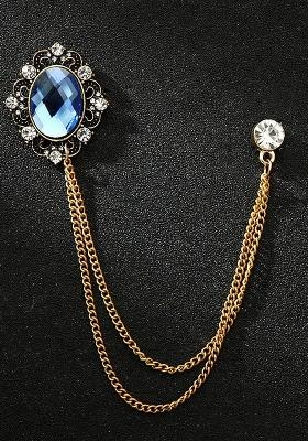 Men Stones Studded Mirror Tassel Brooch With Chain