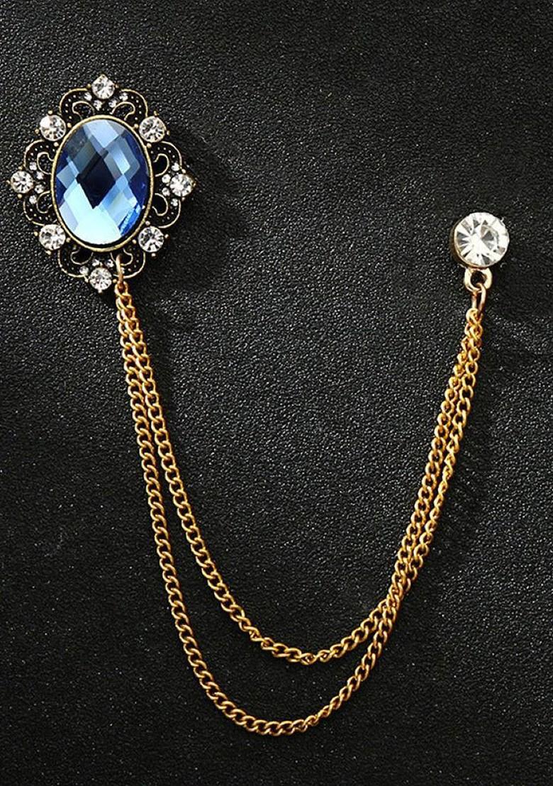 Men Stones Studded Mirror Tassel Brooch With Chain