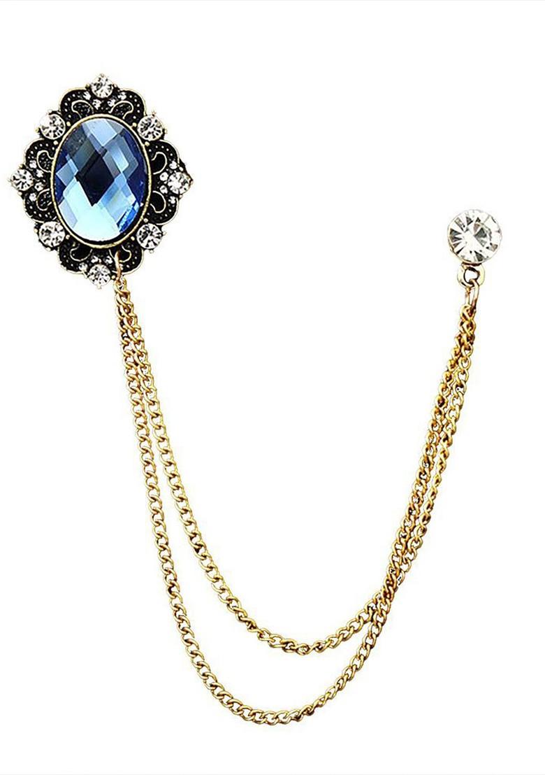 Men Stones Studded Mirror Tassel Brooch With Chain