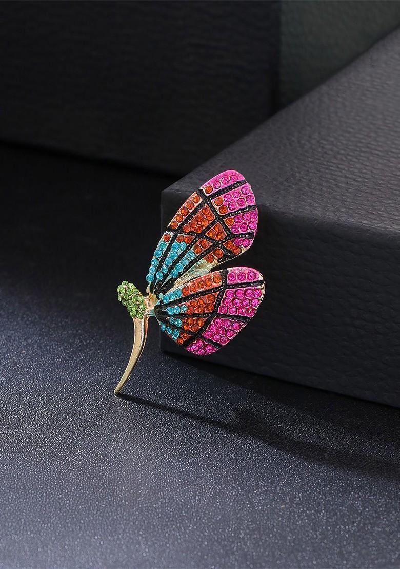 Women Gold Plated Multicolor Crystal Butterfly Shaped Brooch Pin