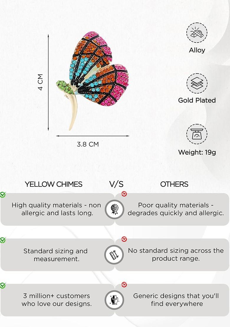 Women Gold Plated Multicolor Crystal Butterfly Shaped Brooch Pin