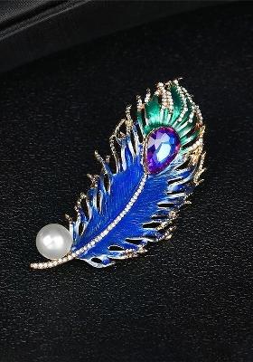 Women Crystal Rhinestone Studded Peacock Feather Pin Brooch