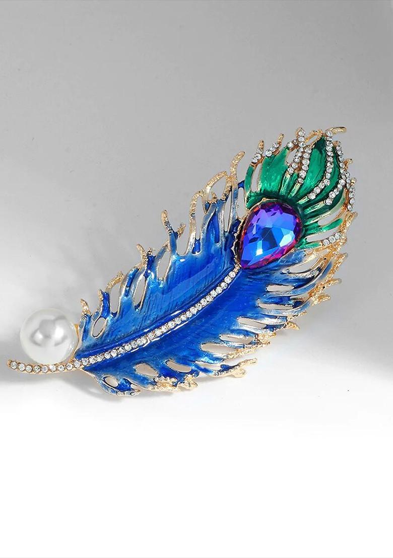 Women Crystal Rhinestone Studded Peacock Feather Pin Brooch