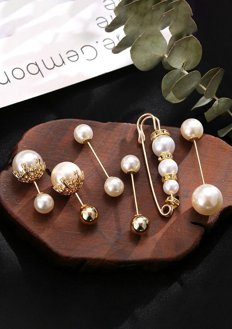 Set Of 6 Gold Toned Pearl Studded Statement Brooch