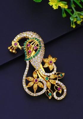 Gold Plated White Pink Stone Studded Peacock Design Brooch