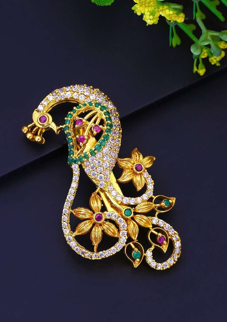 Gold Plated White Pink Stone Studded Peacock Design Brooch - Indya