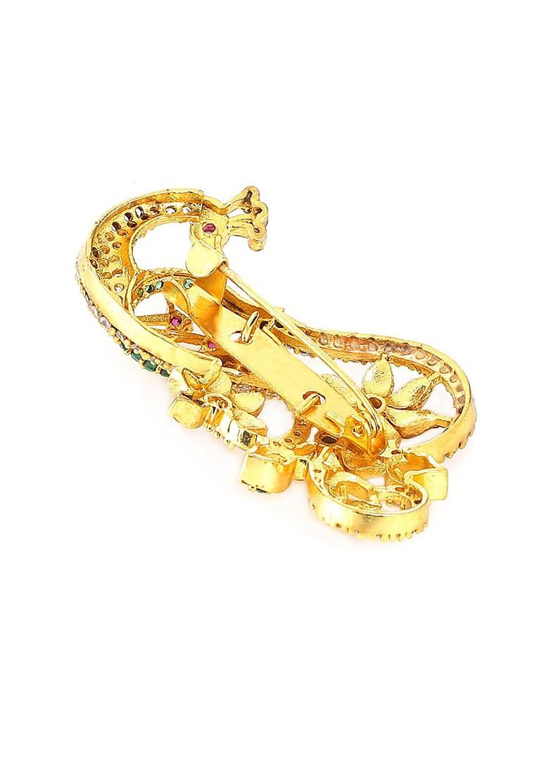 Gold Plated White Pink Stone Studded Peacock Design Brooch