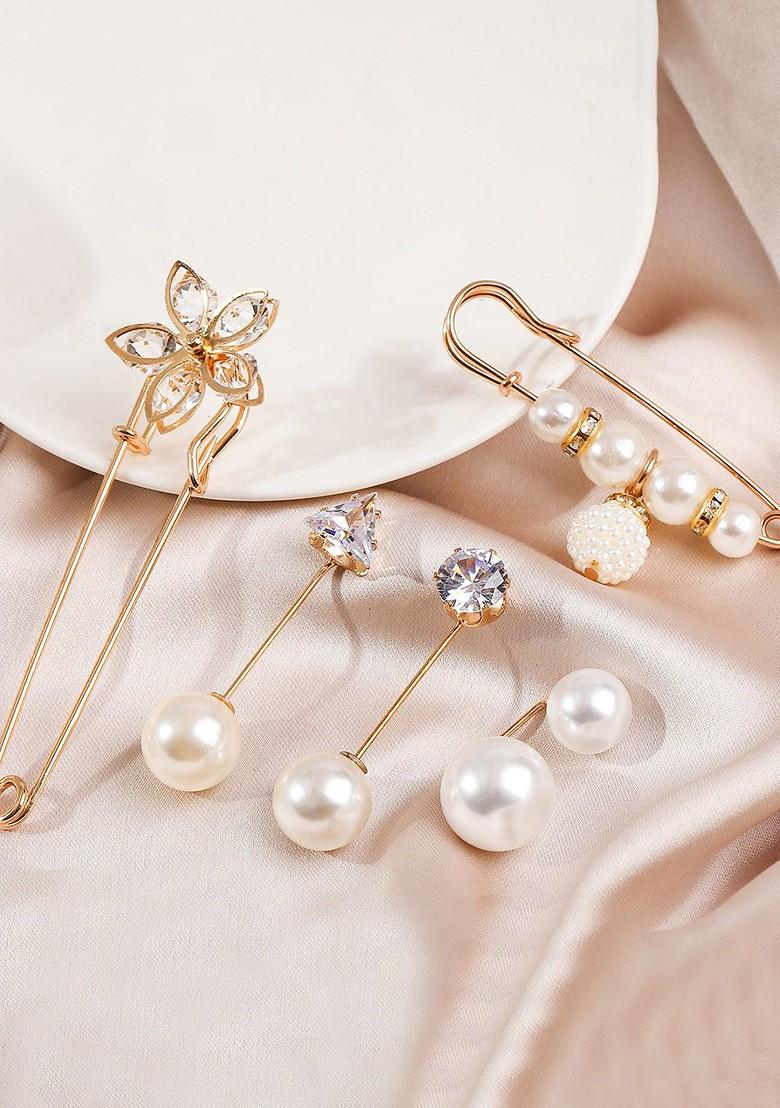 Set Of 5 Women Gold Toned Pearl Studded Brooch
