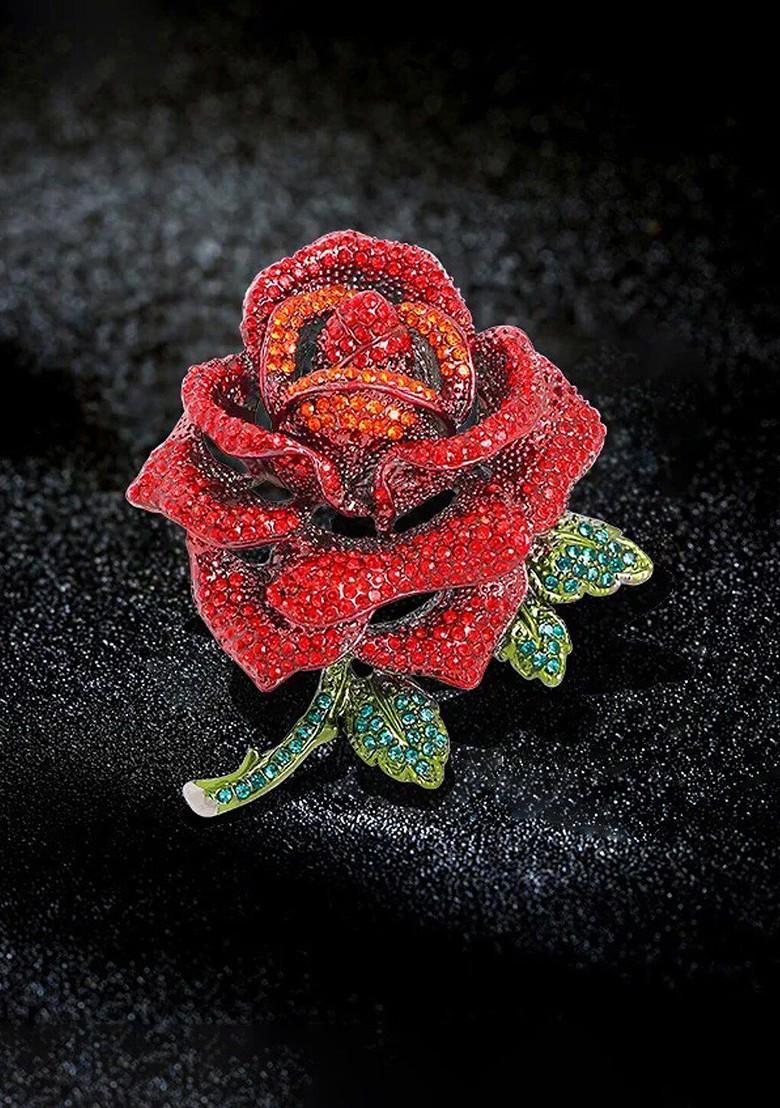Rose Shaped Crystal Studded Brooch