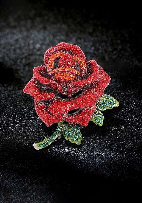 Rose Shaped Crystal Studded Brooch