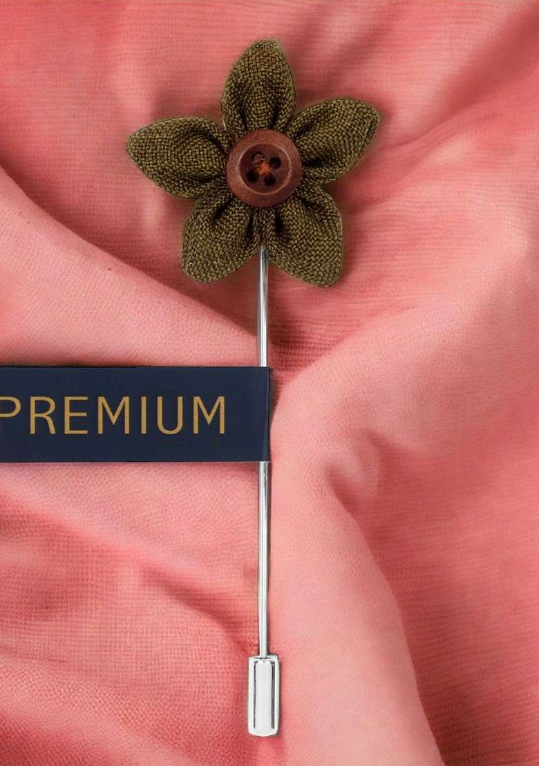 Unisex Green Brown Button Flower Lapel Pin - Indya