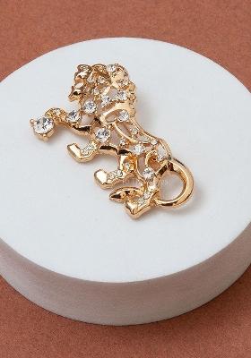 Gold Plated Artificial Stone Studded Statement Lion Brooch