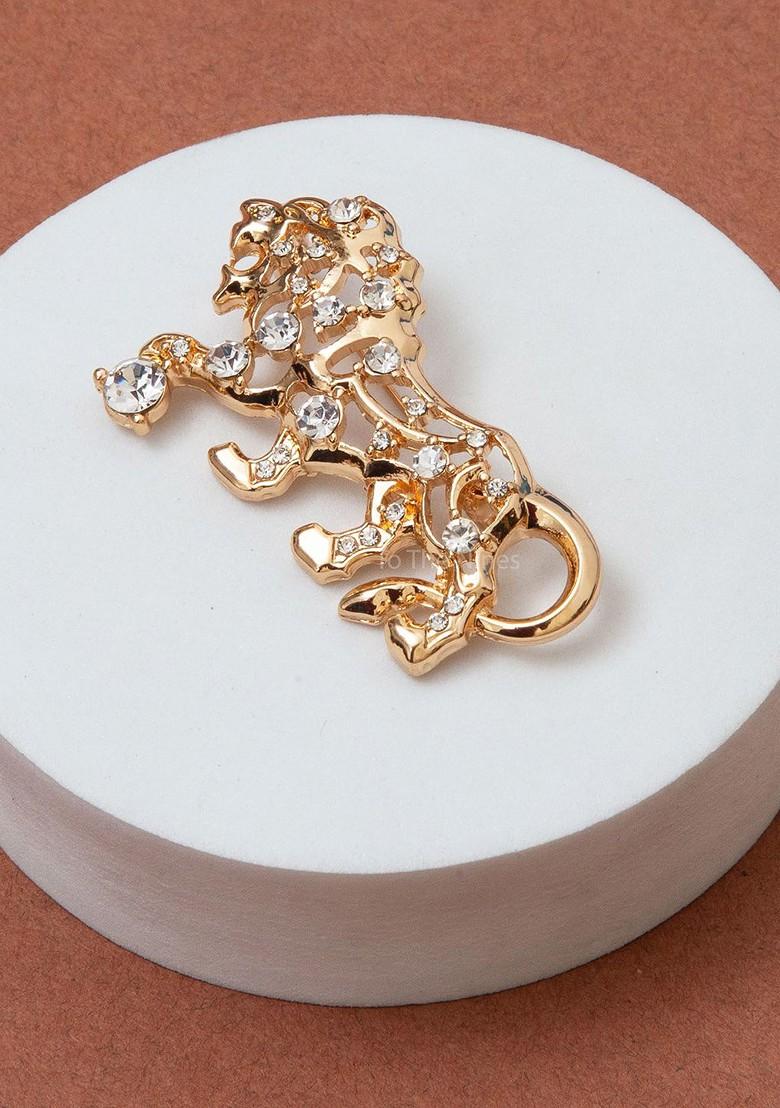Gold Plated Artificial Stone Studded Statement Lion Brooch