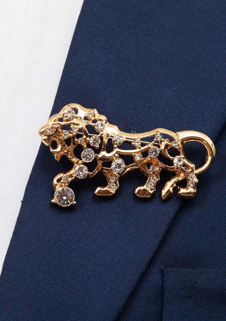 Gold Plated Artificial Stone Studded Statement Lion Brooch
