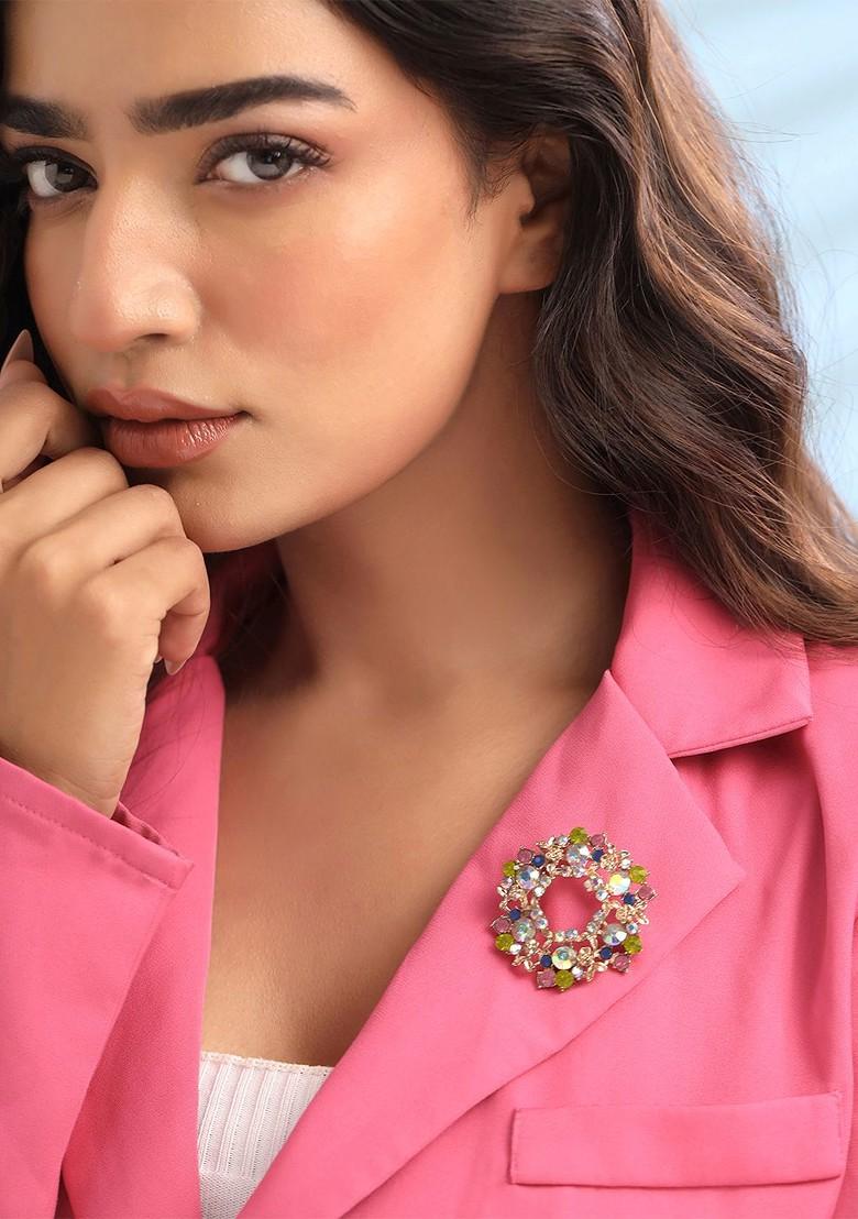 Silver Toned Green Crystal Studded Floral Brooch Pin