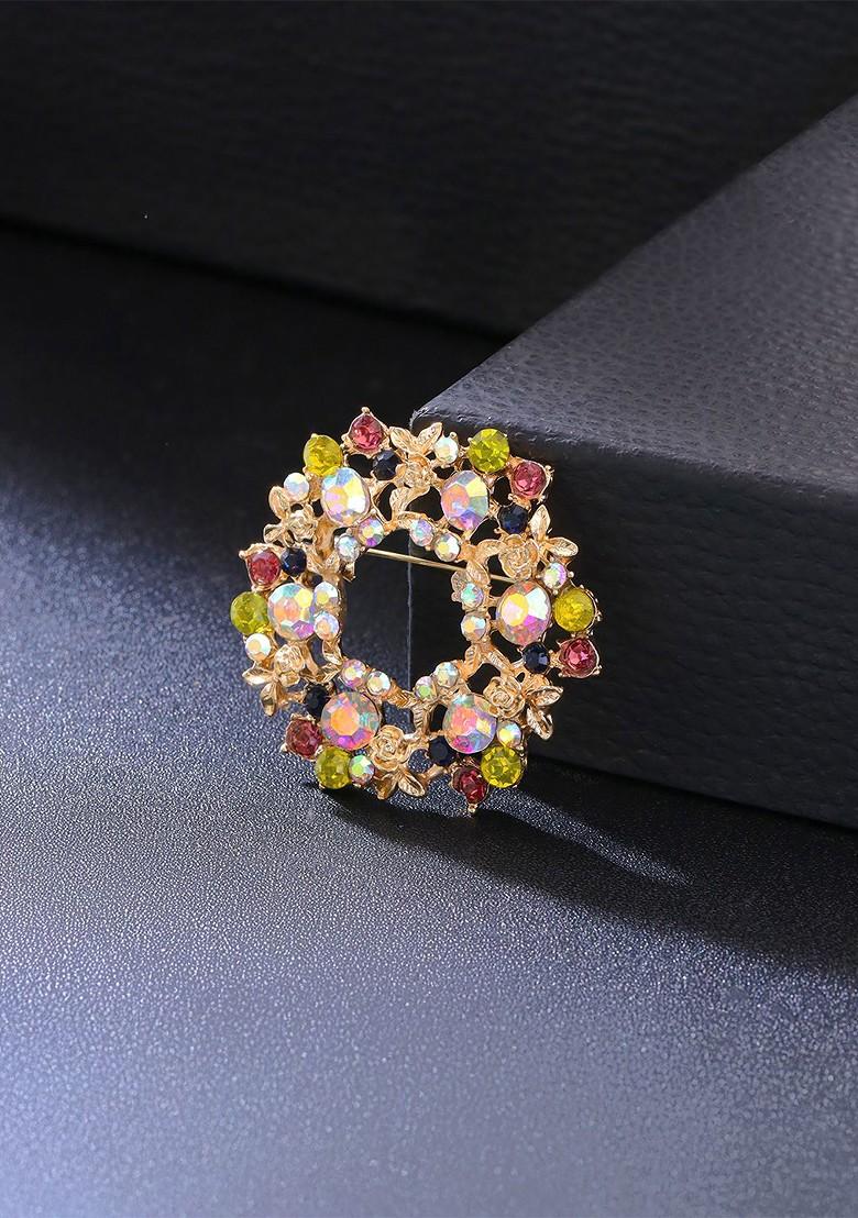 Silver Toned Green Crystal Studded Floral Brooch Pin