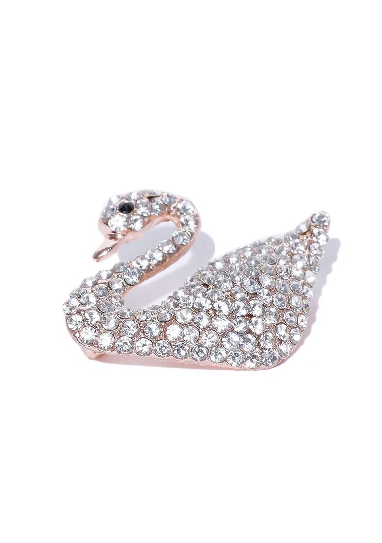 Women Gold Plated Stone Studded Swan Shaped Brooch