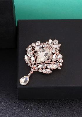 Rose Gold Coloured White Crystal Studded Floral Designed Brooch