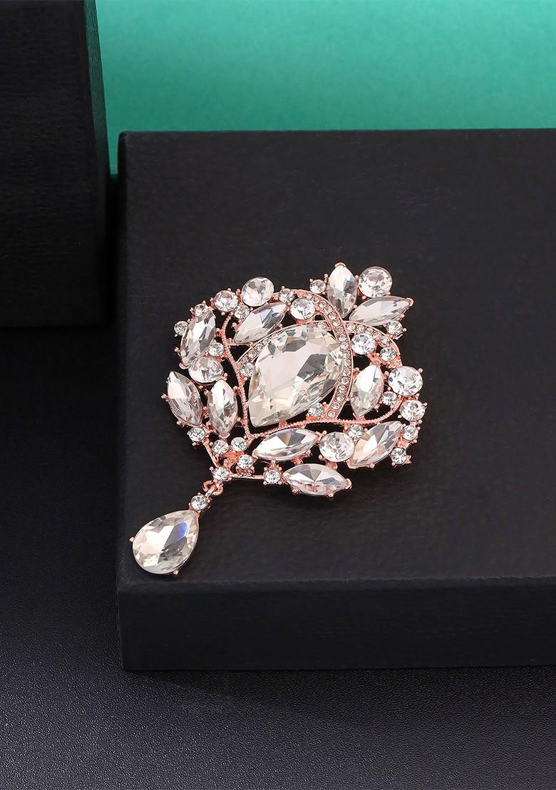 Rose Gold Coloured White Crystal Studded Floral Designed Brooch