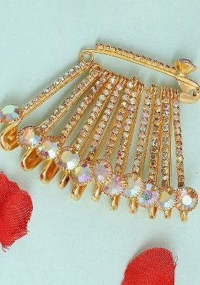 12 Pcs Gold Plated Rhinestone Safety Saree Pleats Pin Brooch