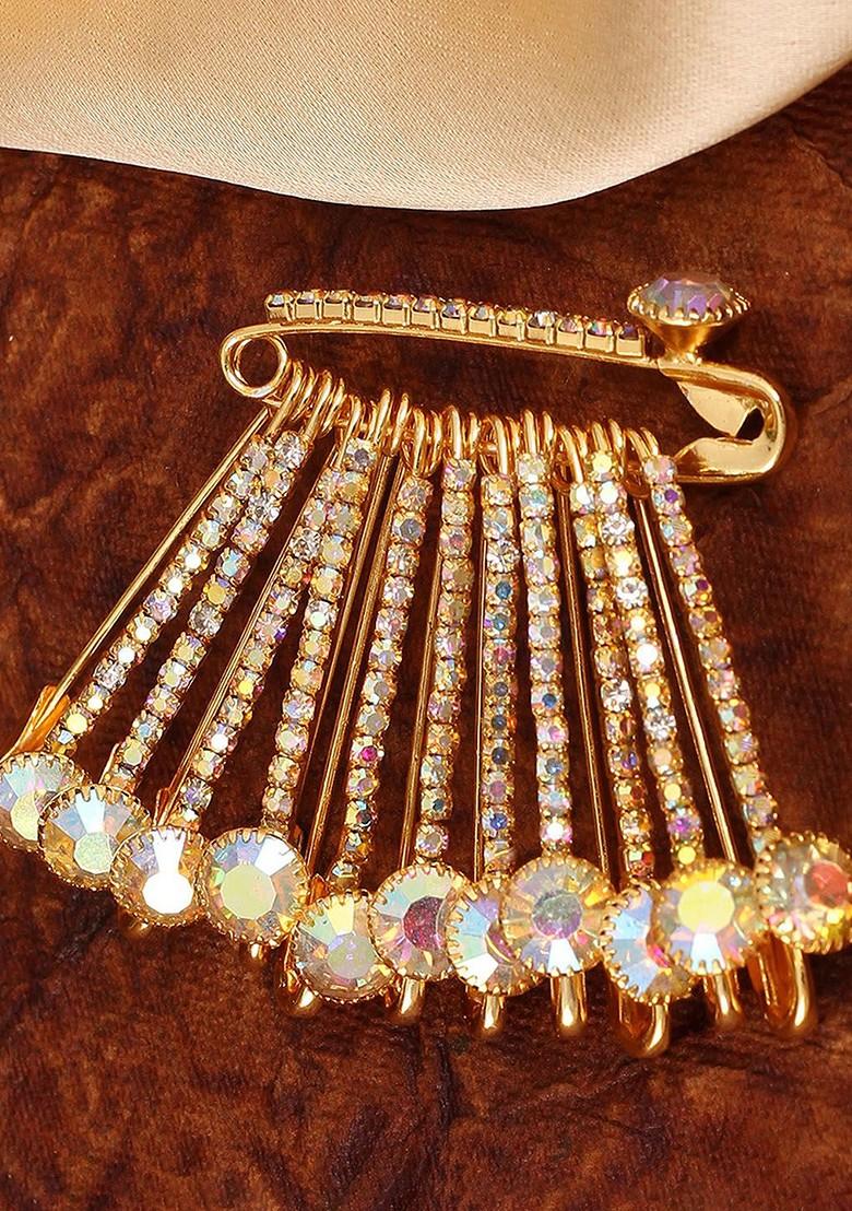 12 Pcs Gold Plated Rhinestone Safety Saree Pleats Pin Brooch