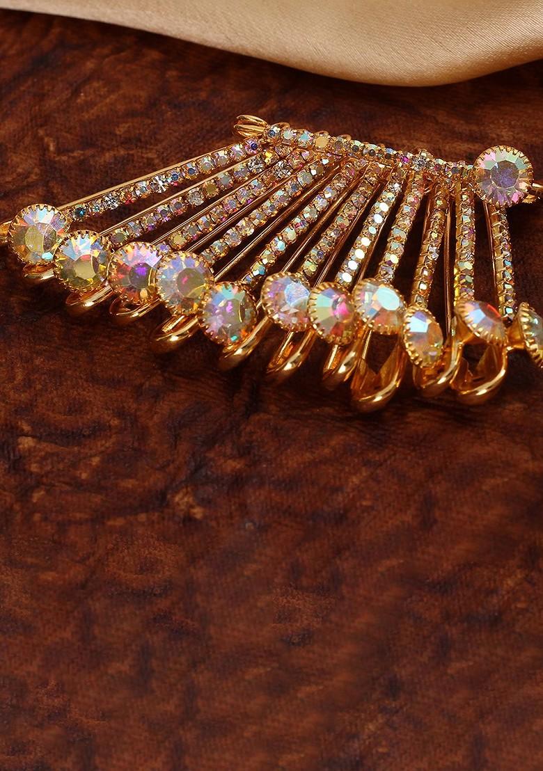 12 Pcs Gold Plated Rhinestone Safety Saree Pleats Pin Brooch
