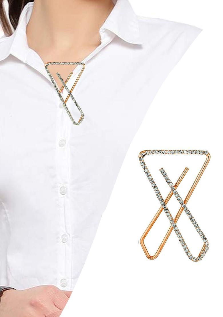 Rose Gold Plated Clip On Stone Safety Saree Pleats Pin Brooch