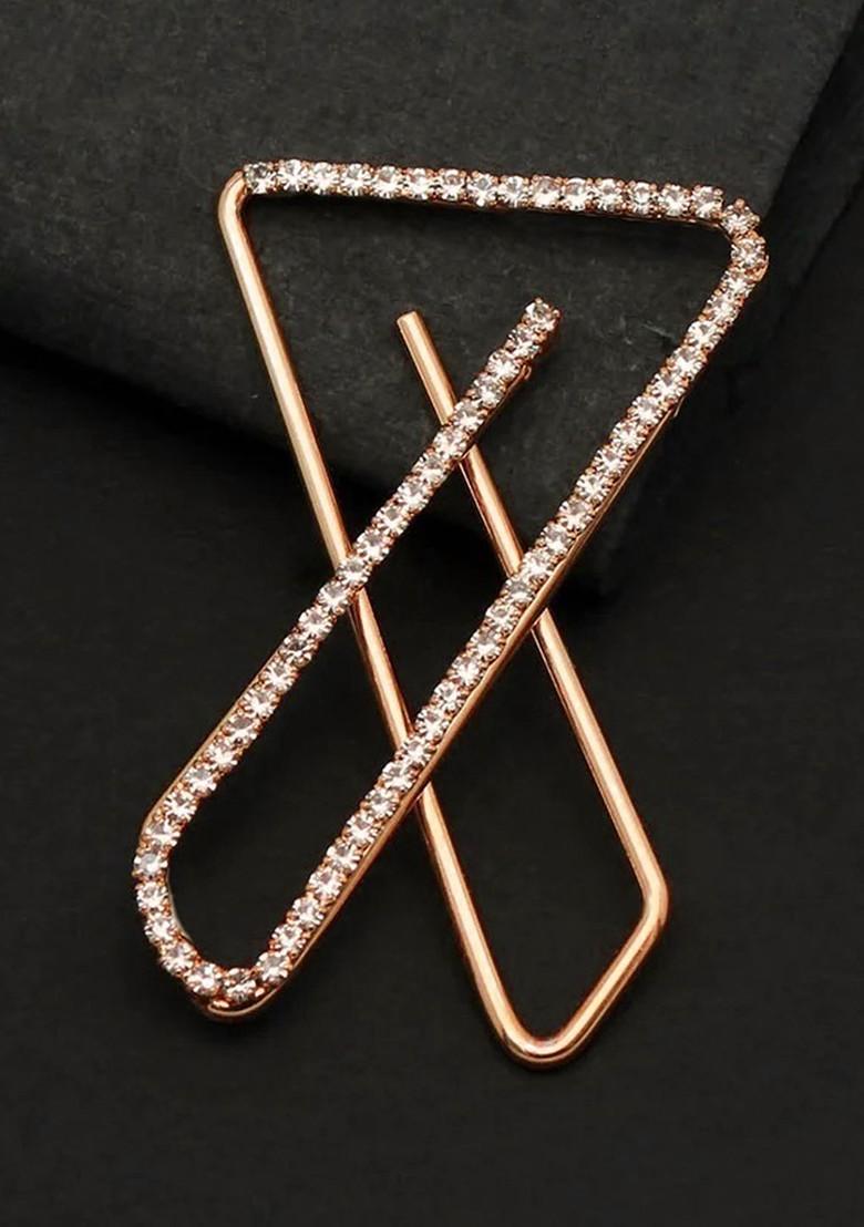 Rose Gold Plated Clip On Stone Safety Saree Pleats Pin Brooch