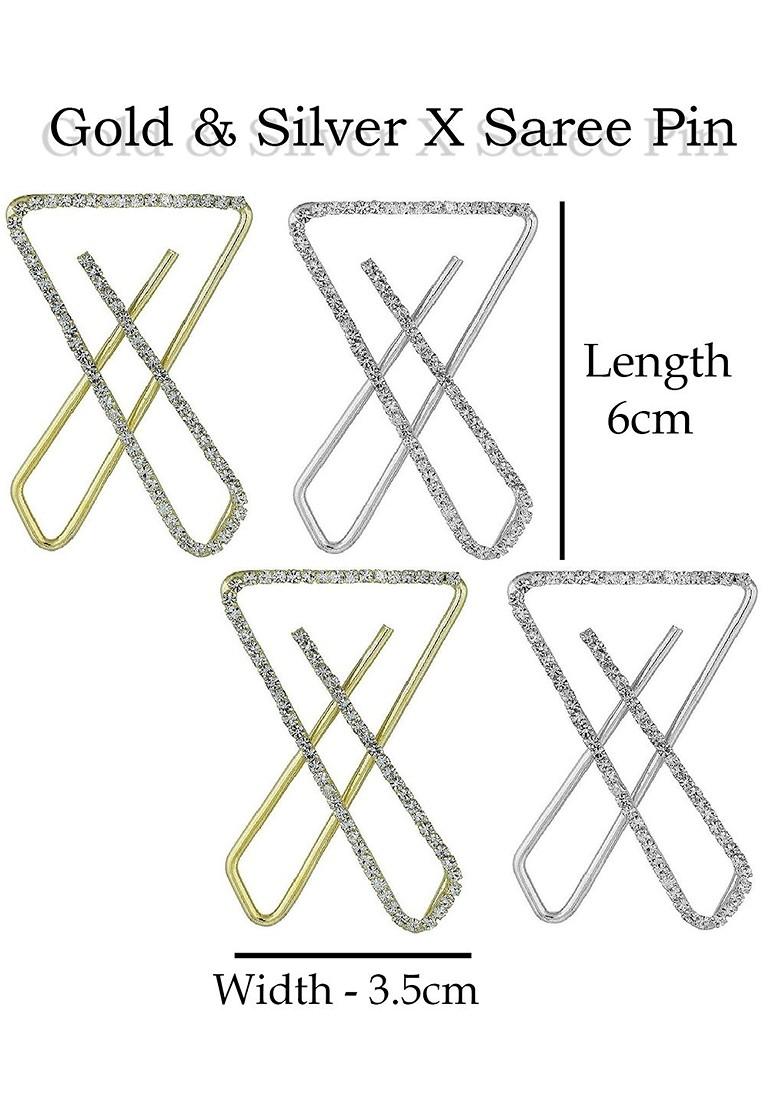 4 Pcs Silver Gold Plated Clip On Stone Safety Saree Pleats Pin Brooch