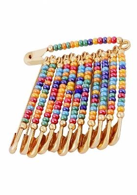 12 Pcs Gold Plated Multicolor Beads Safety Saree Pleats Pin Brooch