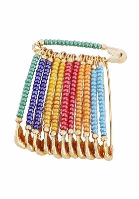 12 Pcs Gold Plated Multicolor Beads Safety Saree Pleats Pin Brooch