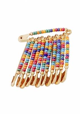 12 Pcs Gold Plated Multicolor Beads Safety Saree Pleats Pin Brooch