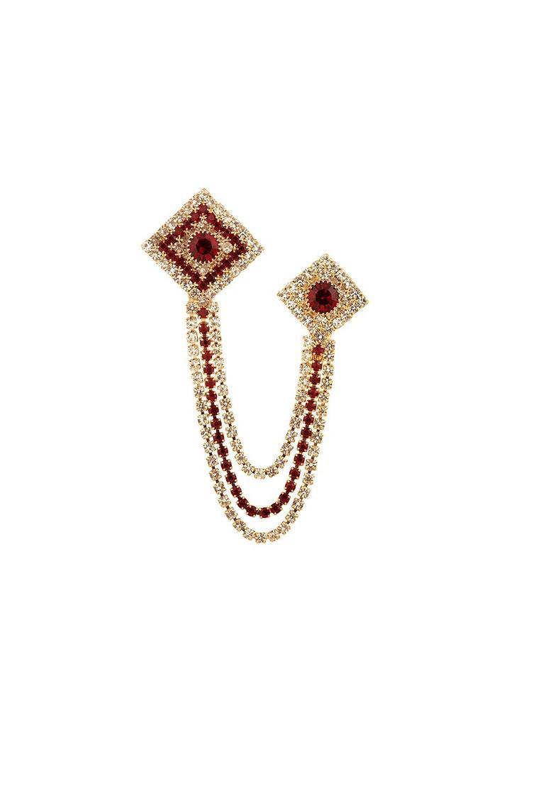 Gold Toned Stone Studded Statement Brooch Chain Lapel Pin