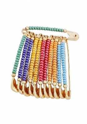 12 Pcs Gold Plated Multicolor Beads Safety Saree Pleats Pin Brooch
