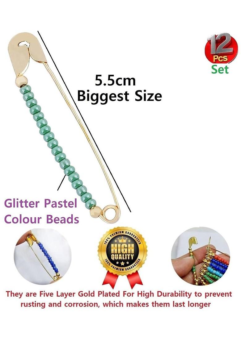 12 Pcs Gold Plated Multicolor Beads Safety Saree Pleats Pin Brooch