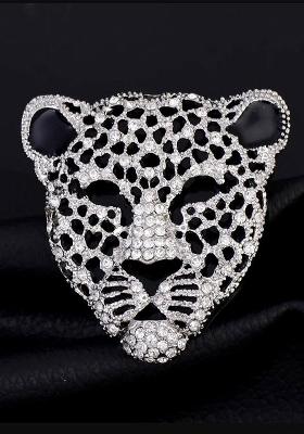 Men Stone Studded Alloy Lion Charm Lapel Pin