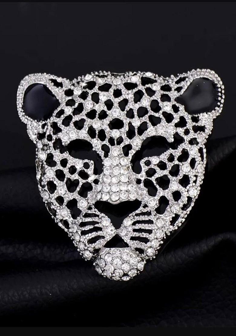 Men Stone Studded Alloy Lion Charm Lapel Pin